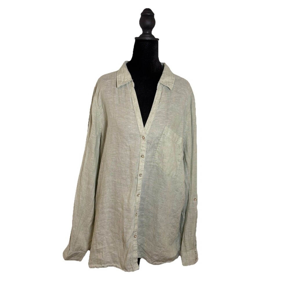 Sigrid Olsen Shirt Womens XL 100% Linen Button Up Roll Tab Long Sleeve Green